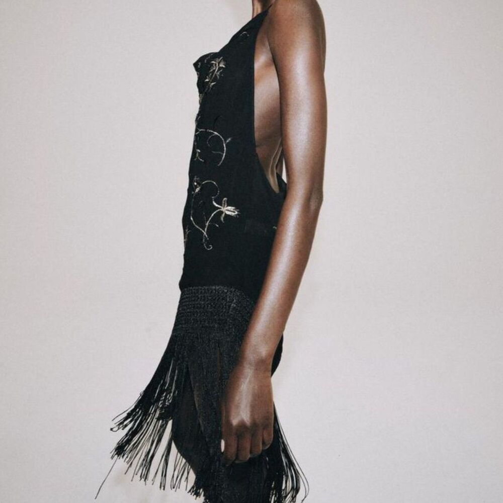 NEW ZARA ZW Collection Women Embroidered Macrame Fringe Halter Top Black - Picture 2 of 8